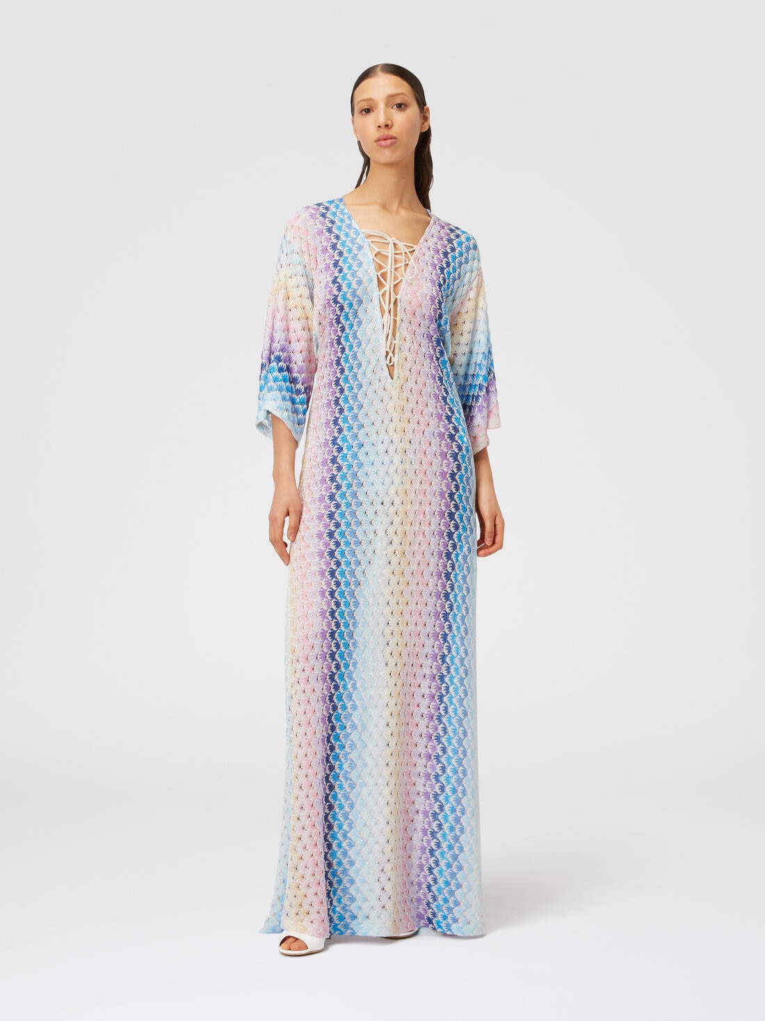 Caftan long à effet dentelle dégradé avec lurex, Bleu - MC23SQ06BR00TDS72EB - 1