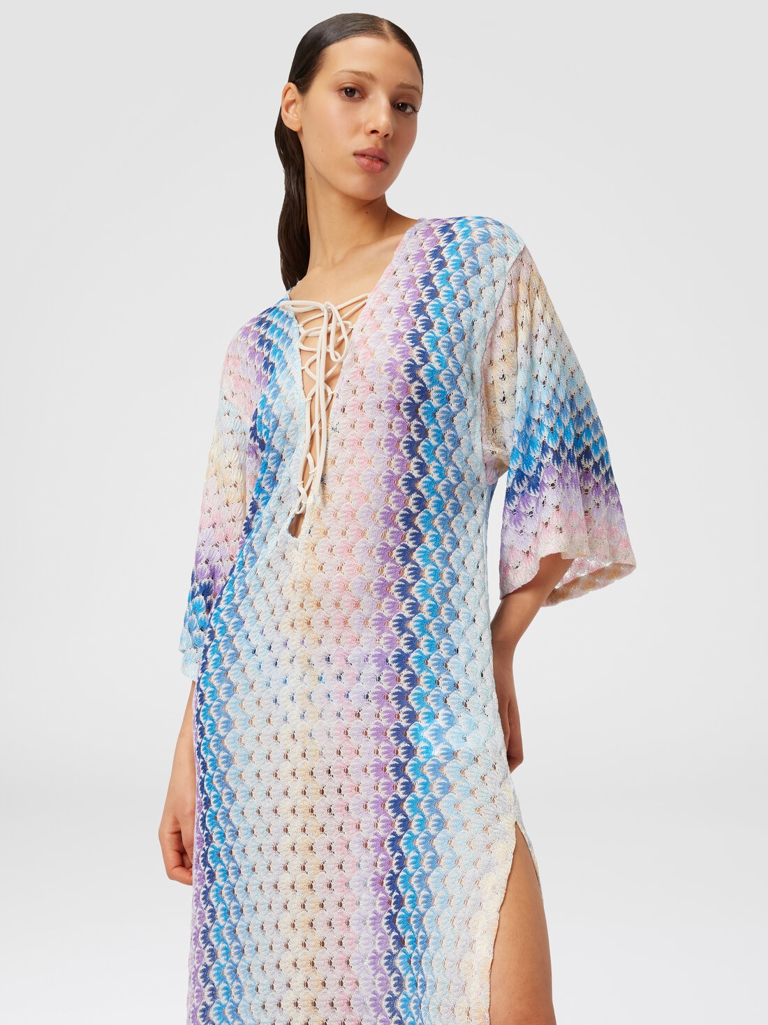 Caftan long à effet dentelle dégradé avec lurex, Bleu - MC23SQ06BR00TDS72EB - 3