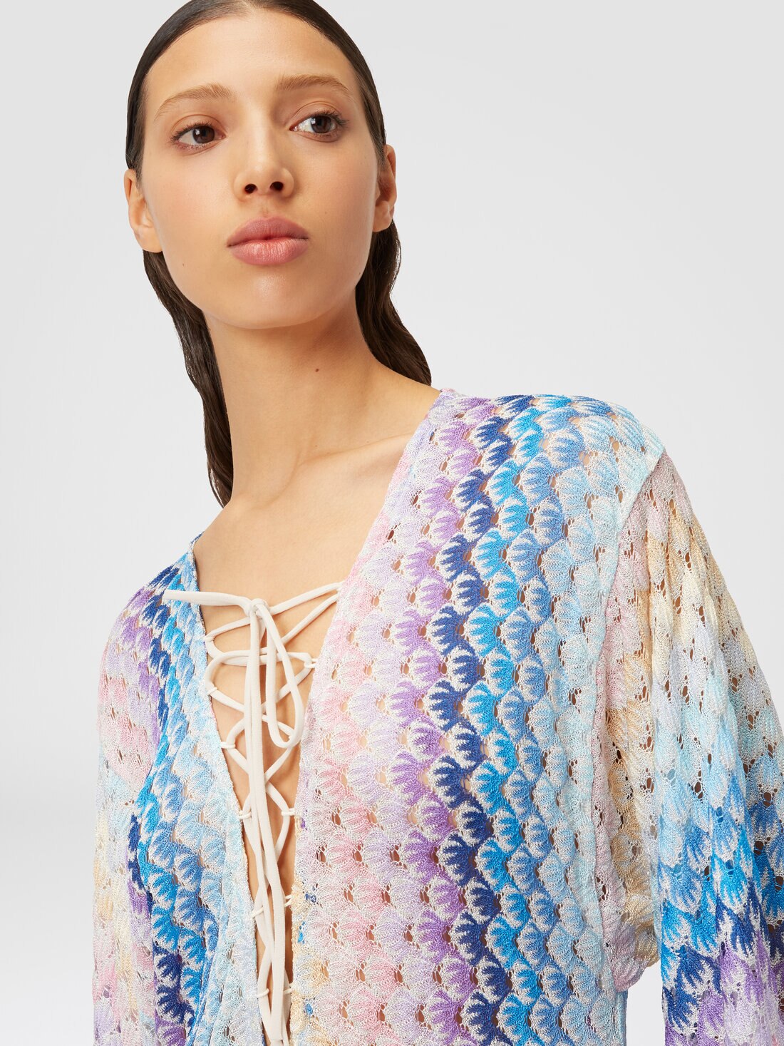 Long dégradé lace-effect cover up kaftan with lurex, Blue - MC23SQ06BR00TDS72EB - 4