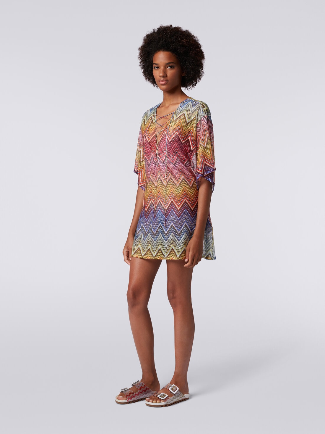 Short zigzag print cover up kaftan, Multicoloured  - MC23SQ08BR00THS4157 - 2