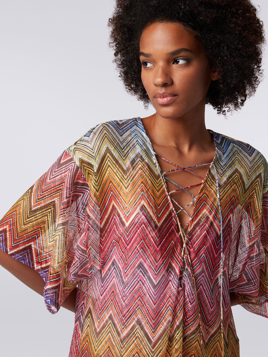 Short zigzag print cover up kaftan, Multicoloured  - MC23SQ08BR00THS4157 - 4