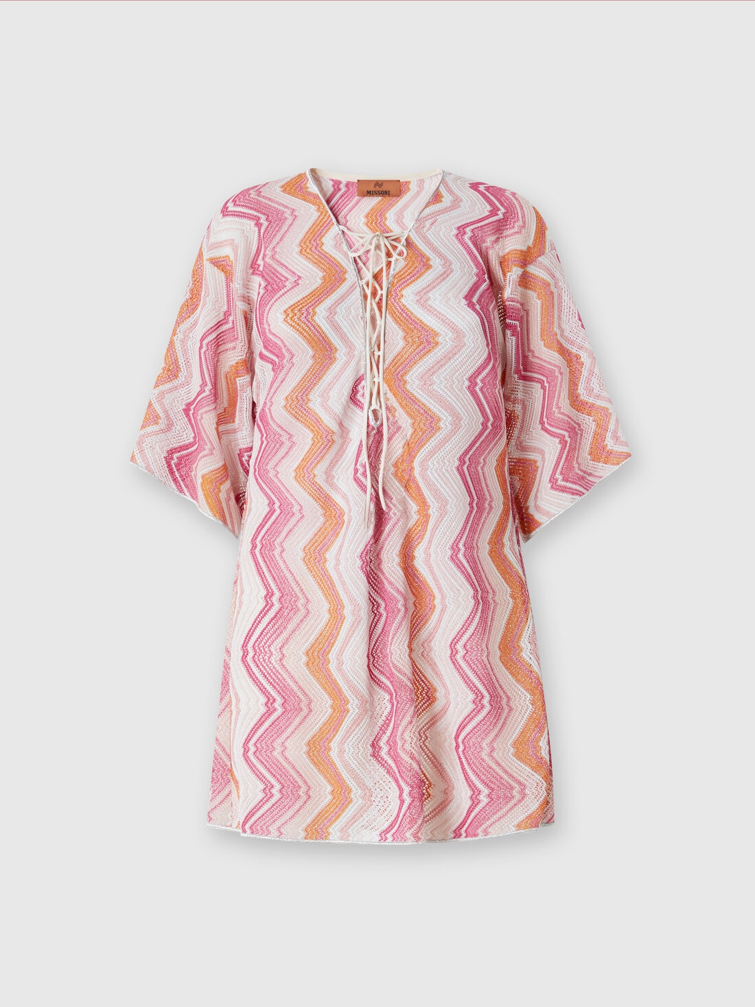 Short cover-up kaftan with braided lacing, Pink   - MC23SQ08BR00XKS30DC - 0