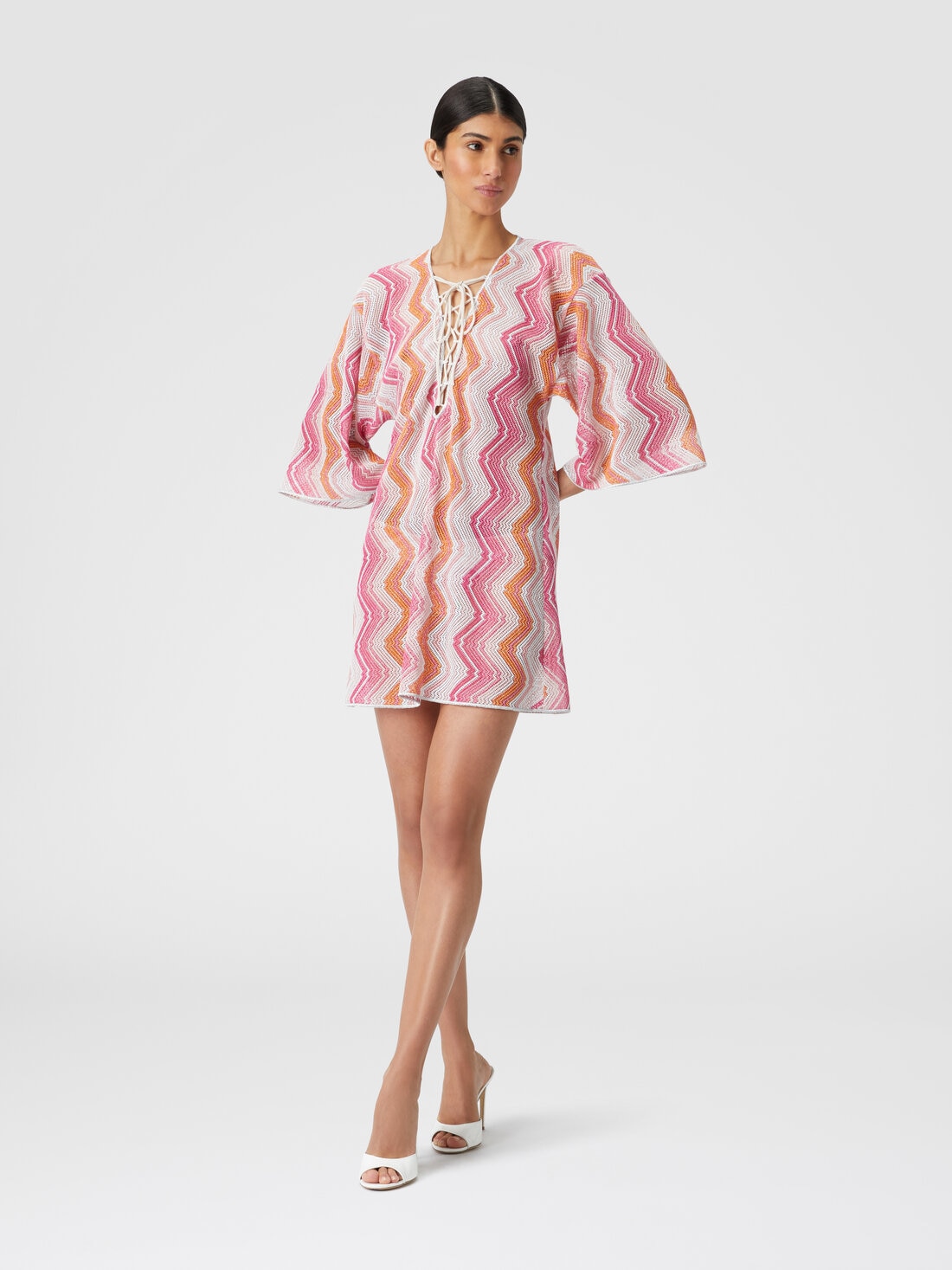 Short cover-up kaftan with braided lacing, Pink   - MC23SQ08BR00XKS30DC - 1