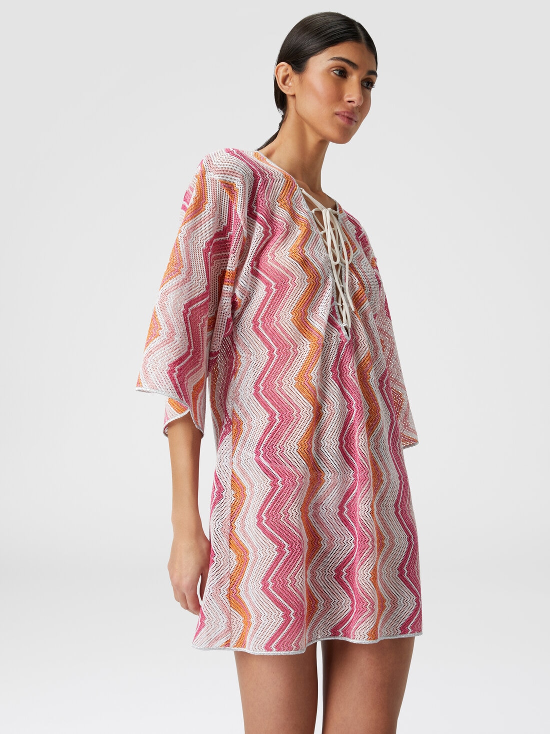Short cover-up kaftan with braided lacing, Pink   - MC23SQ08BR00XKS30DC - 3