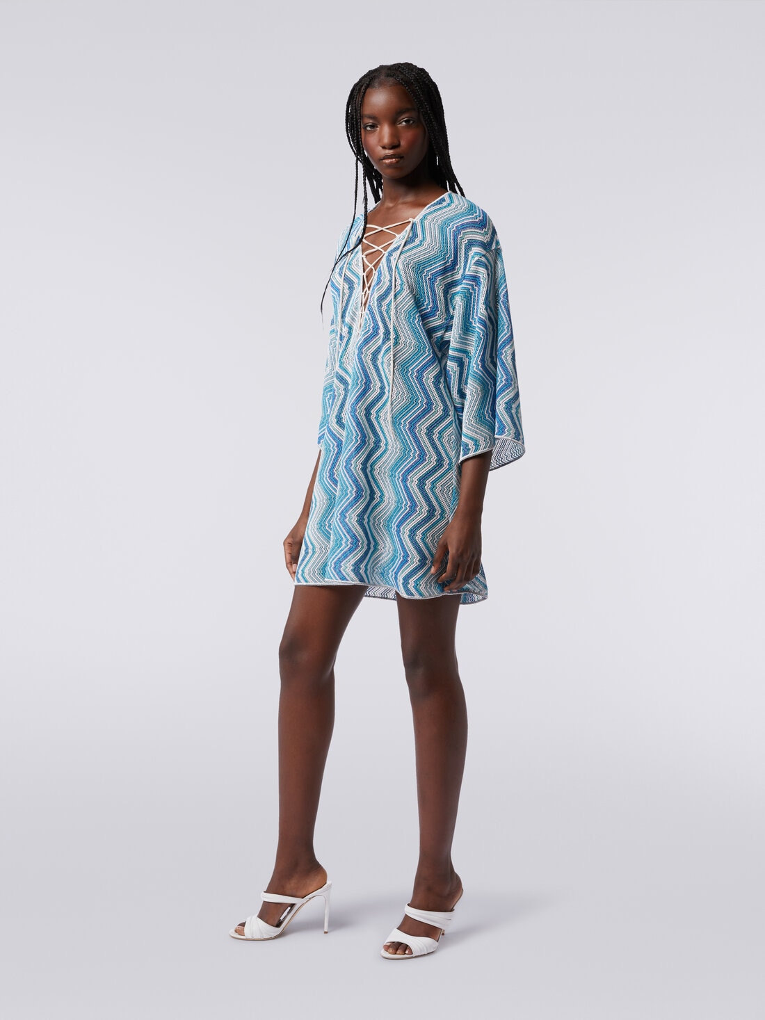 Short cover-up kaftan with braided lacing, Blue - MC23SQ08BR00XKS72G5 - 2