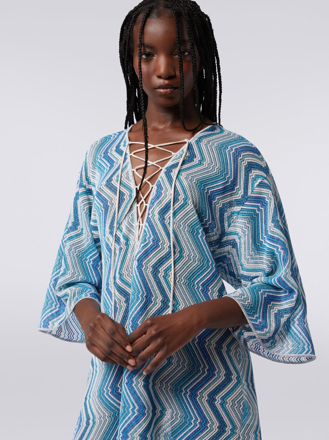 Short cover-up kaftan with braided lacing, Blue - MC23SQ08BR00XKS72G5 - 4