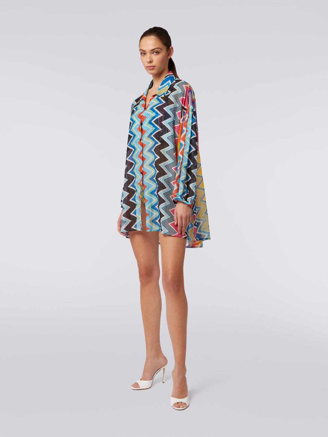 Blusa extragrande de seda y algodón con estampado en zigzag, Multicolor  - MC24SK00BW00TFSM9D7 - 2