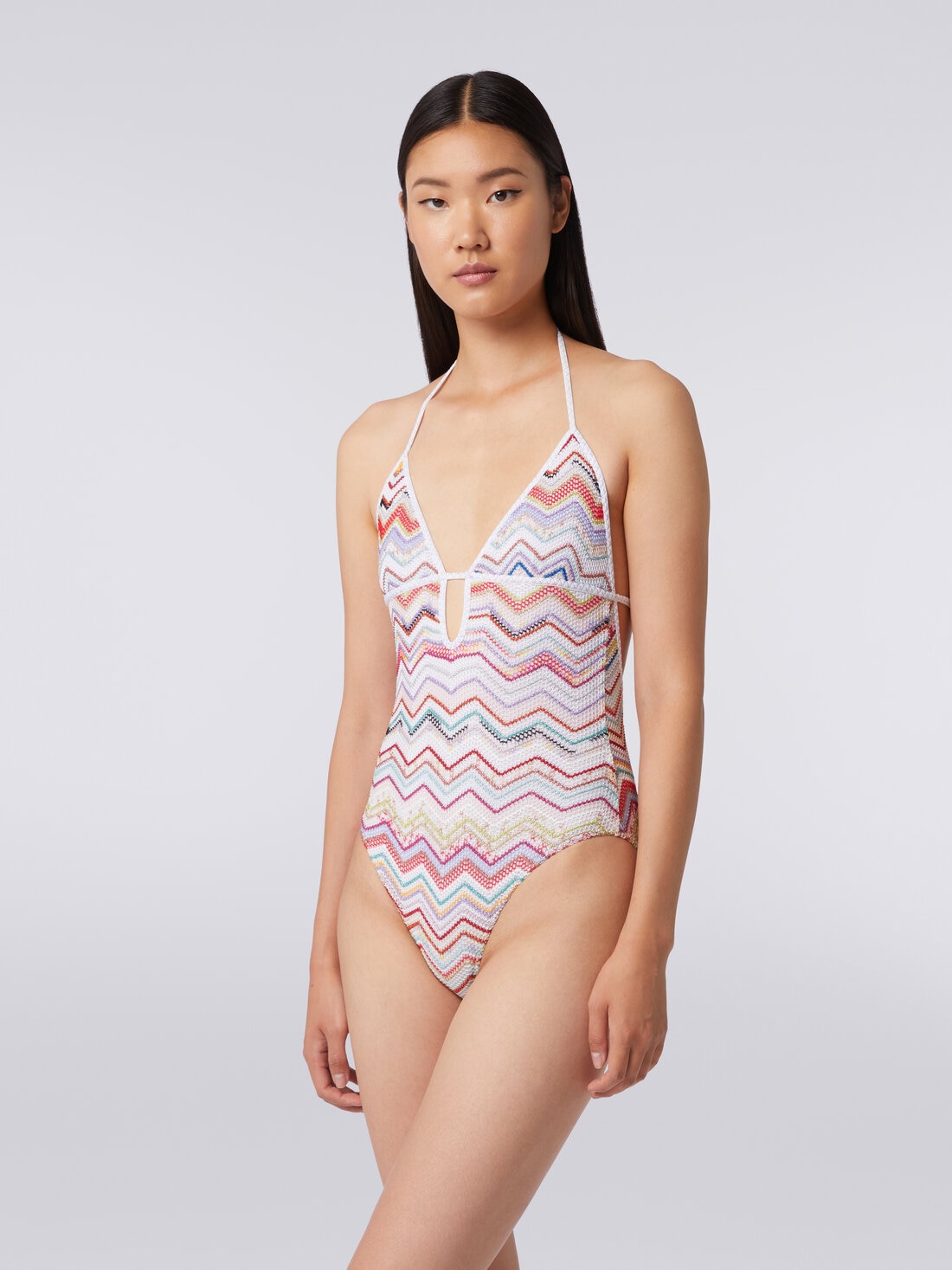 One-piece swimming costume in zigzag crochet with lurex, Multicoloured  - MC24SP00BR00TISM99I - 1