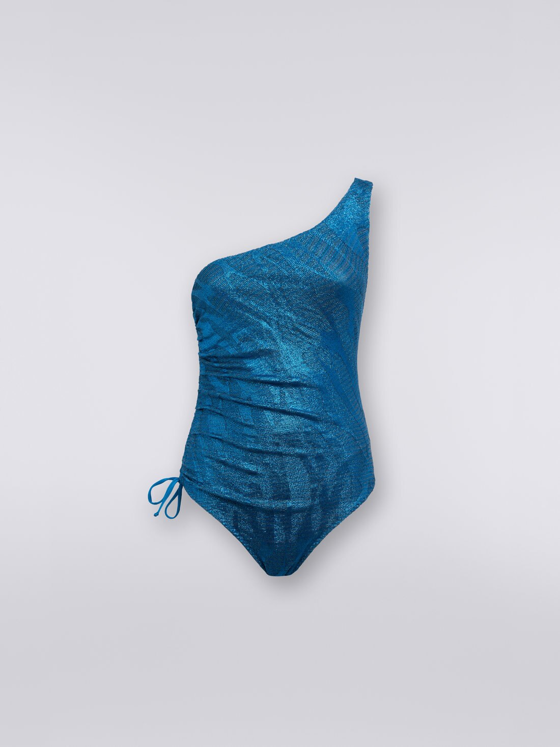 One-piece one-shoulder jacquard viscose knit swimming costume, Blue - 8051575969737 - 0