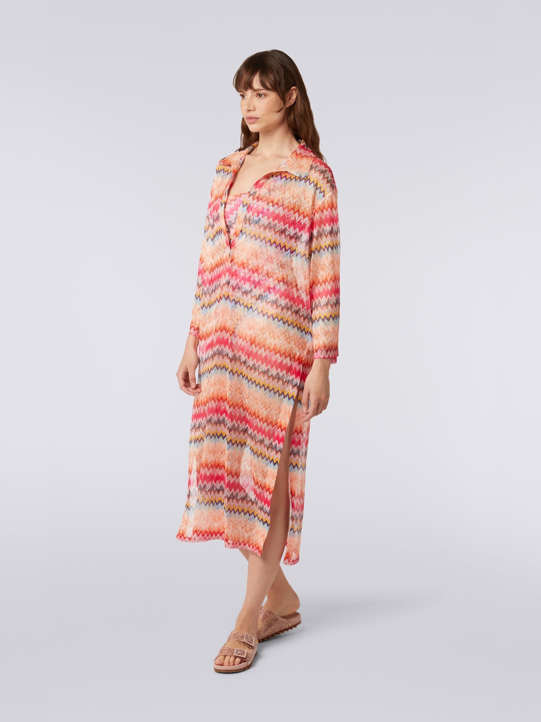 Long-sleeved long chevron viscose tulle cover up, Pink - MS22SQ15BR00T6S30C7 - 2