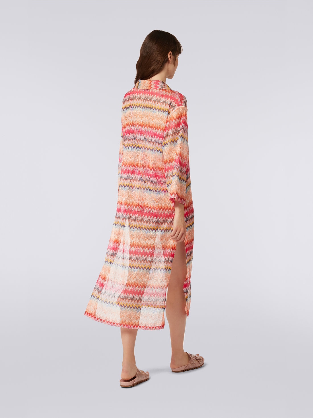 Long-sleeved long chevron viscose tulle cover up, Pink - 3