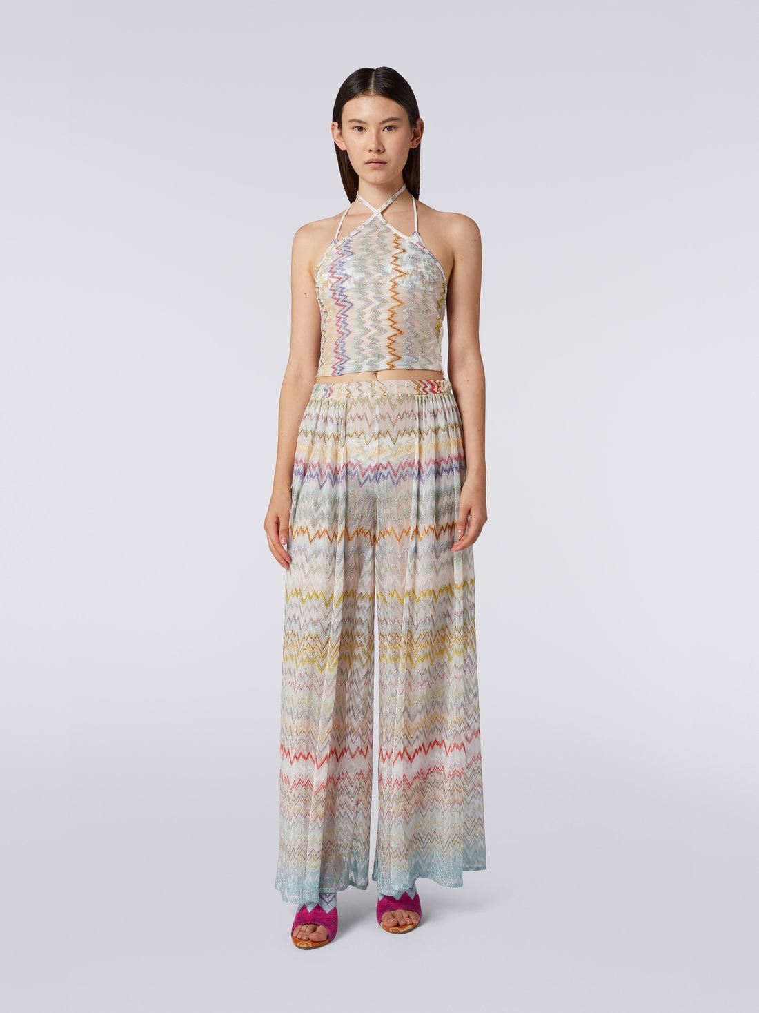 Viscose blend palazzo trousers with lamé, Multicoloured  - 8051575731631 - 1