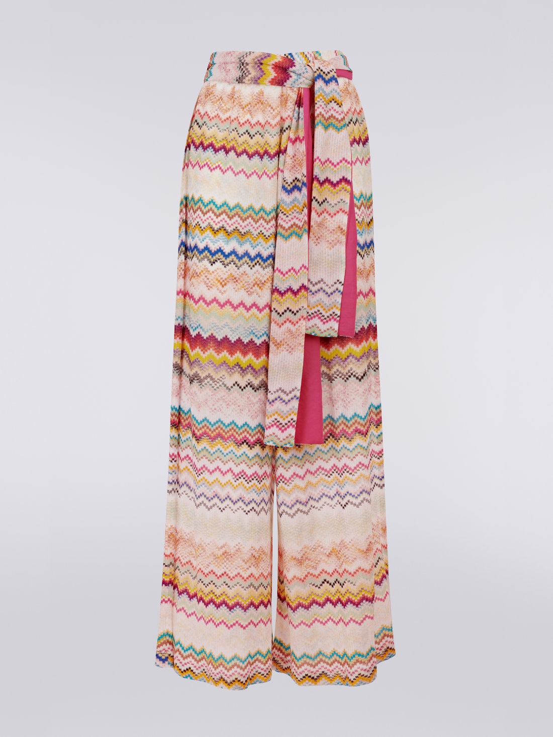 3D effect viscose trousers with sash waistband, Multicoloured - 8051575702013 - 0