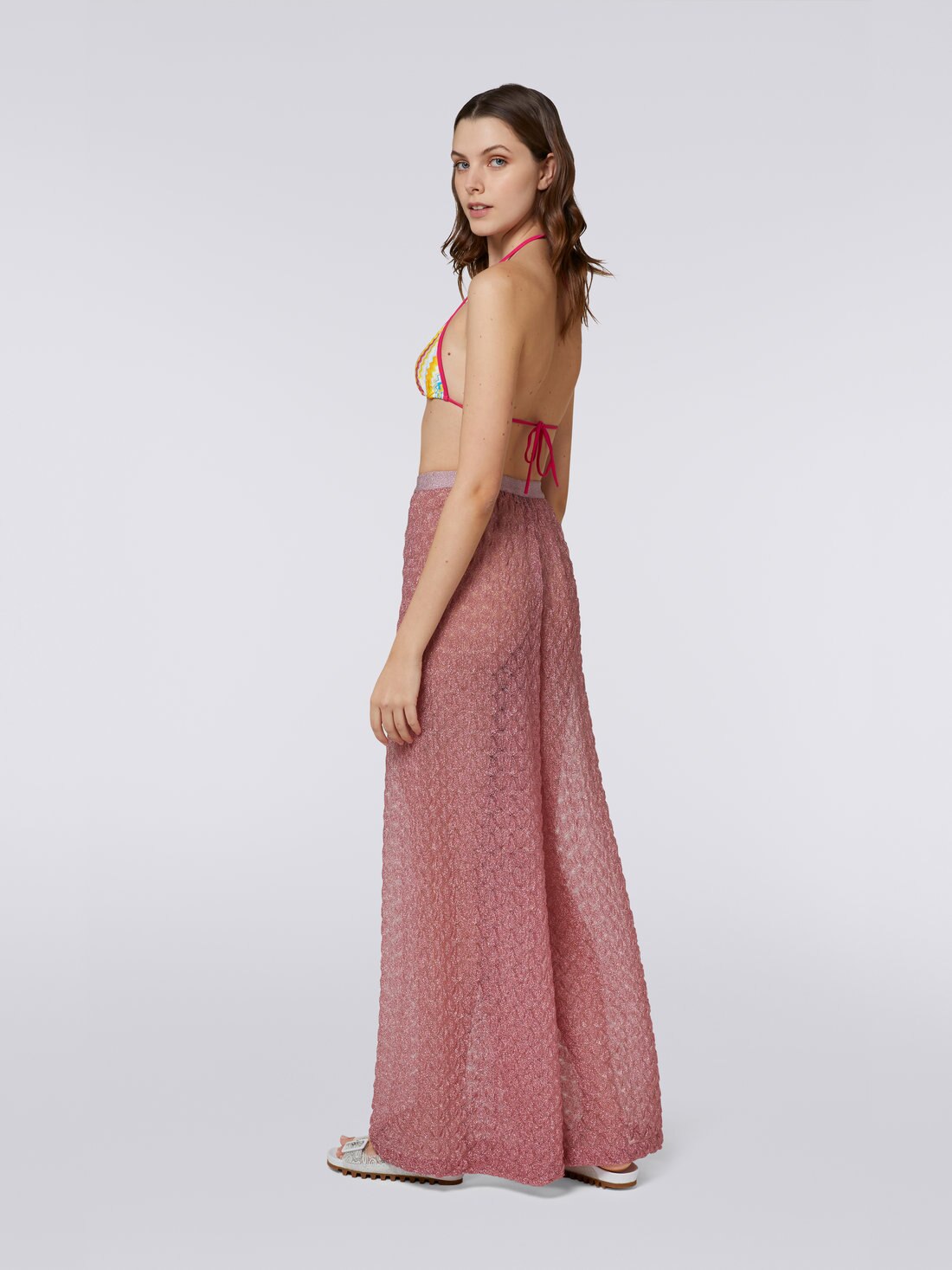 Viscose blend palazzo trousers with lamé, Pink Lamé - 8051575731860 - 3