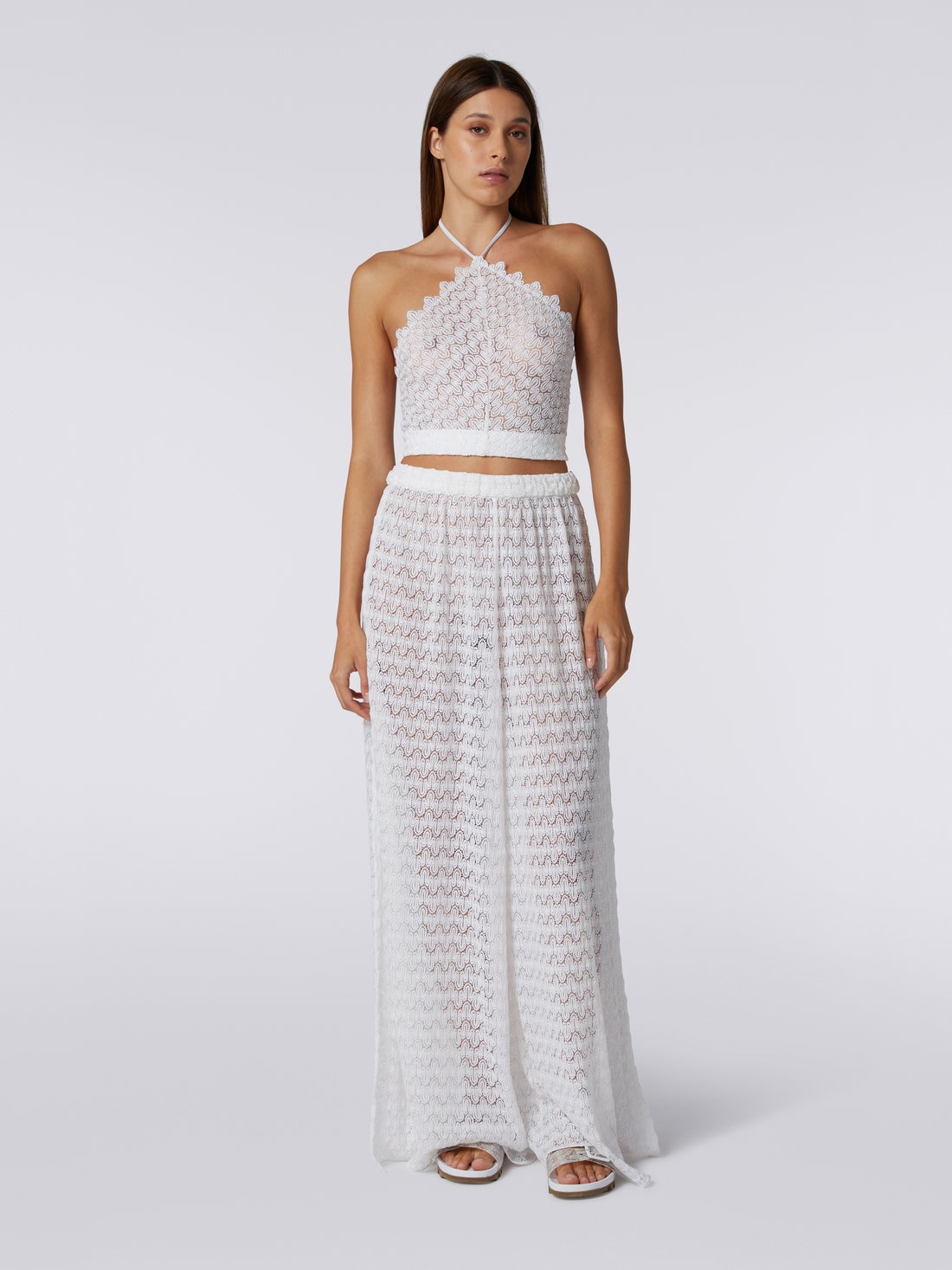 American neckline top in lace-effect knit with lurex, White  - MS23SK0OBR00N7S0184 - 1