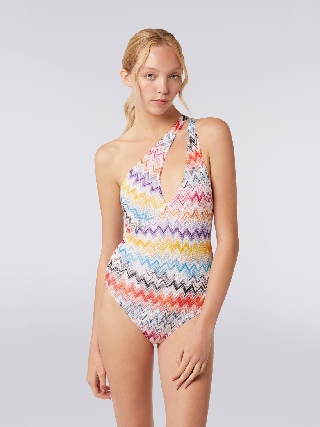 One-piece swimming costume with crossover neckline, Multicoloured - MS23SP04BR00JKSM8LI - 1
