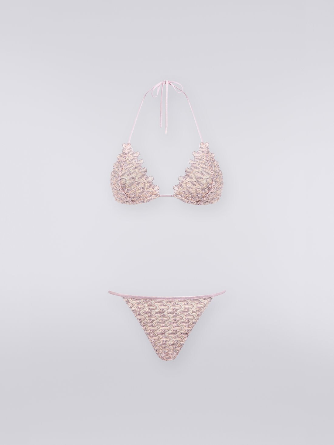 Bikini in maglia effetto pizzo con lurex e bordi smerlati, Rosa   - MS23SP0KBR00N7S30BD - 0