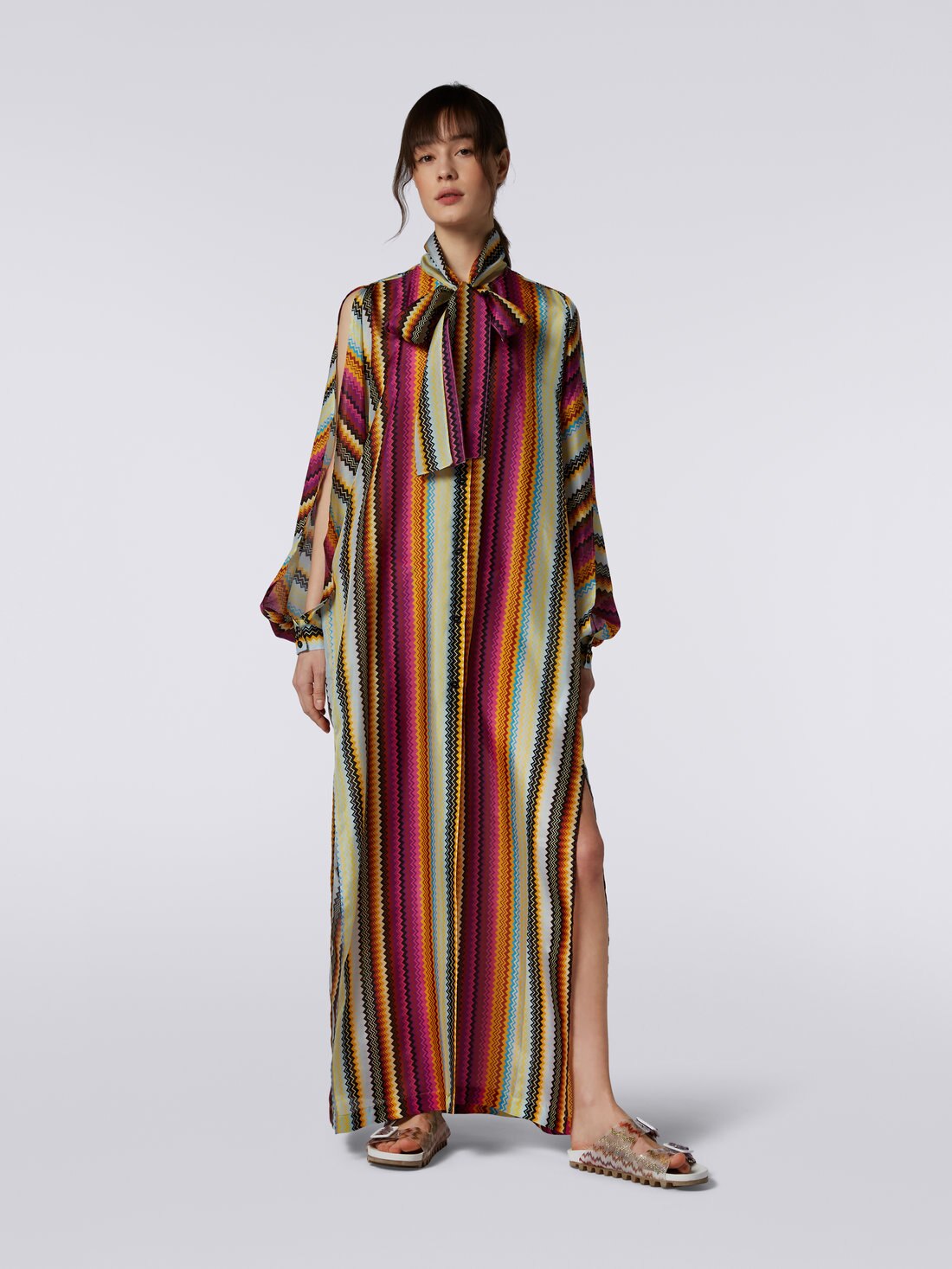 Long habutai silk cover up with sash collar, Multicoloured - 8051575724268 - 1