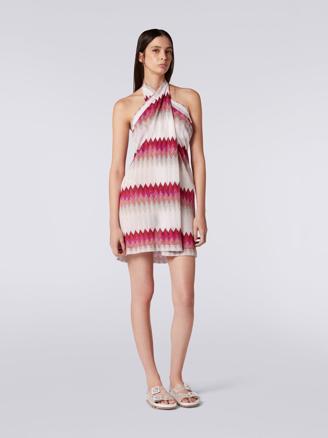 Vestido cubrebikini modelo pareo con zigzag lamé, Blanco, Rosa & Fucsia - 8051575732300 - 1