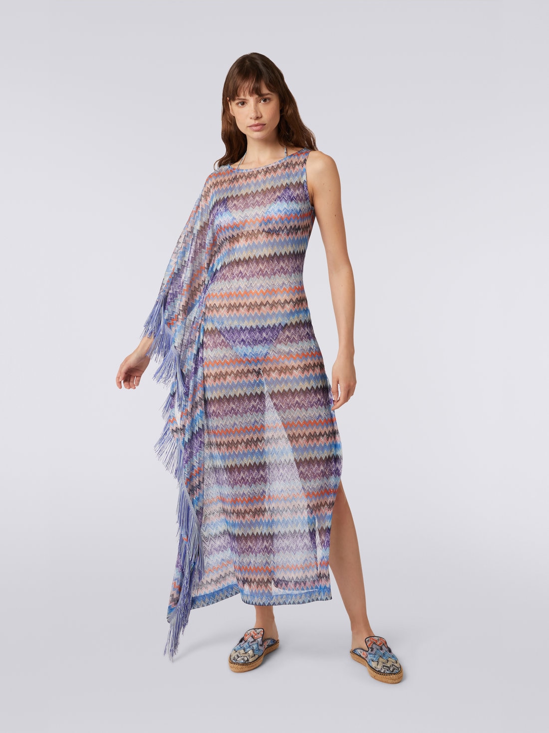 Long chevron viscose tulle cover up with tassels, BLUE SHADE CHEVRON - MS23SQ13BR00T6S72CB - 1
