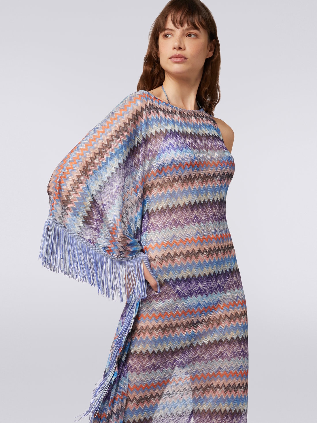 Long chevron viscose tulle cover up with tassels, BLUE SHADE CHEVRON - MS23SQ13BR00T6S72CB - 4