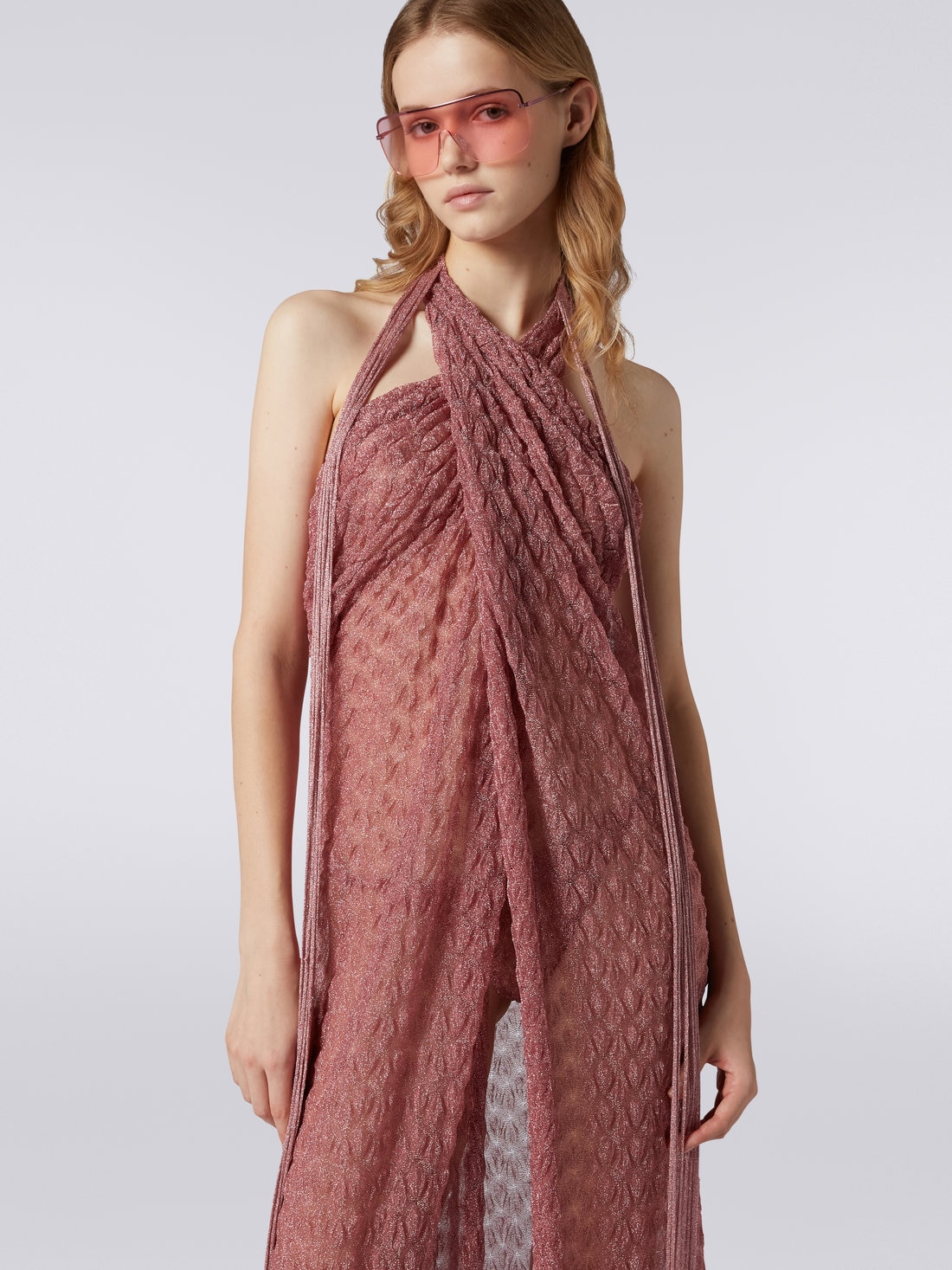 Long lace-effect sarong cover up with lamé, Pink Lamé - 8051575701504 - 4