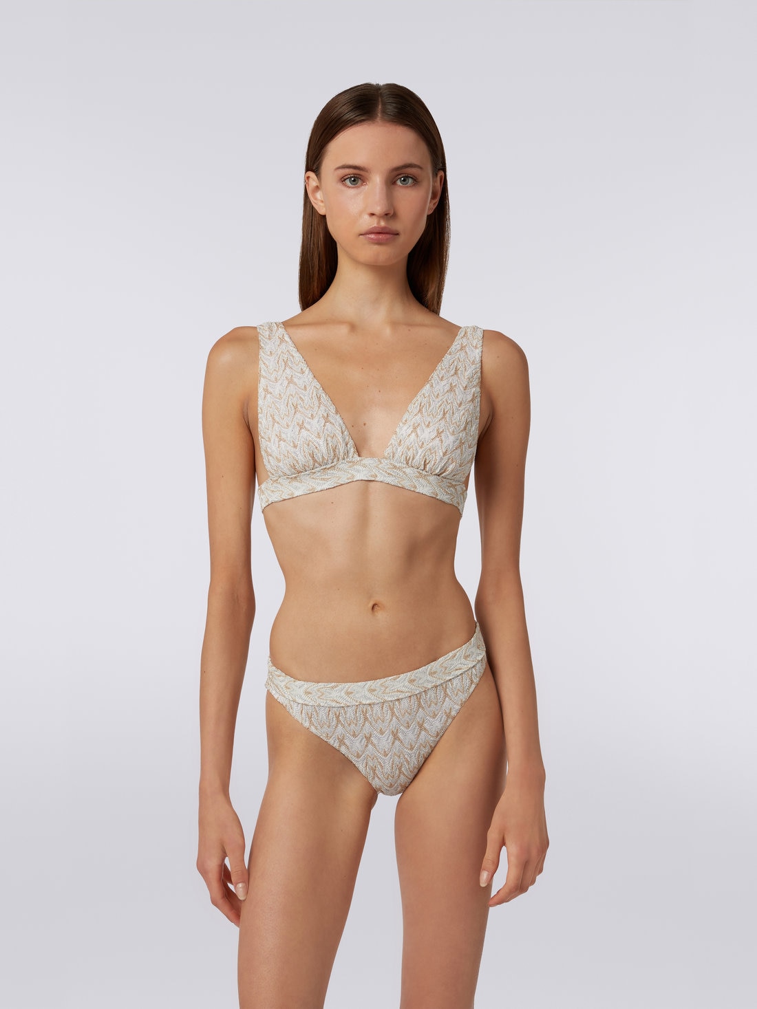 Bikini in lace-effect knit with lurex, Gold - MS23WP00BR00UQS01AH - 1