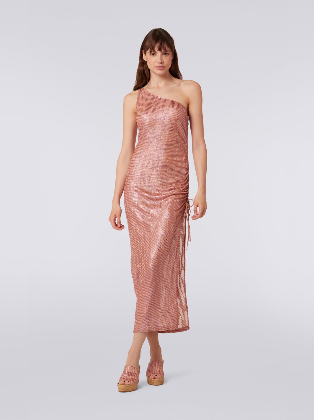 Long one-shoulder cover up in jacquard viscose knit, Pink - MS23WQ02BT006OS30CH - 1