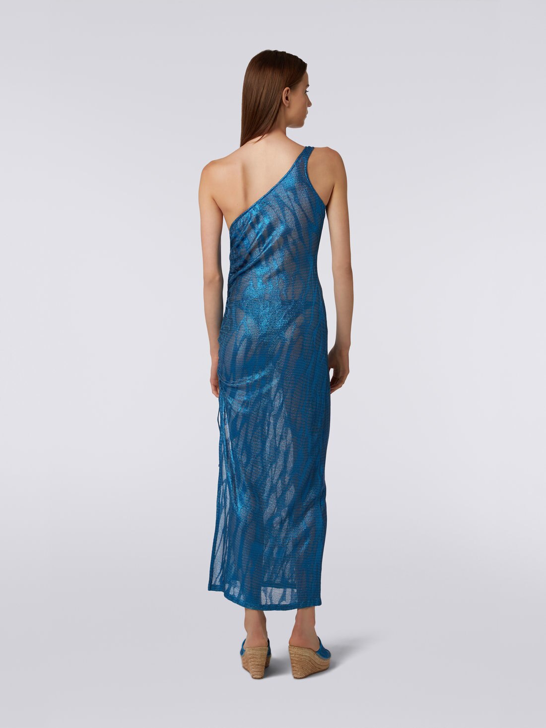 Long one-shoulder cover up in jacquard viscose knit, Blue - MS23WQ02BT006OS72D0 - 3