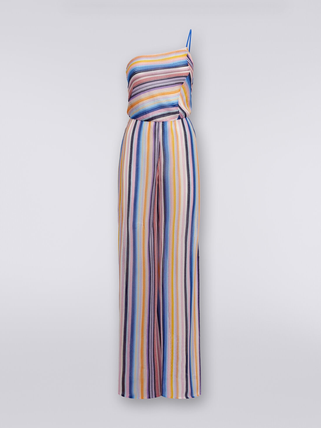 One-shoulder jumpsuit in striped crochet, Multicoloured  - MS24SG03BR00UWS72EC - 0