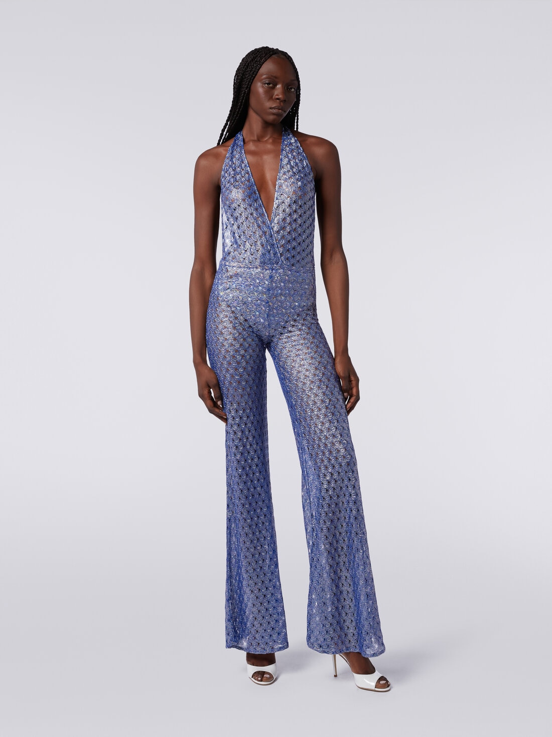 Lace-effect jumpsuit with V neckline , Blue - MS24SG07BR00TC94045 - 1