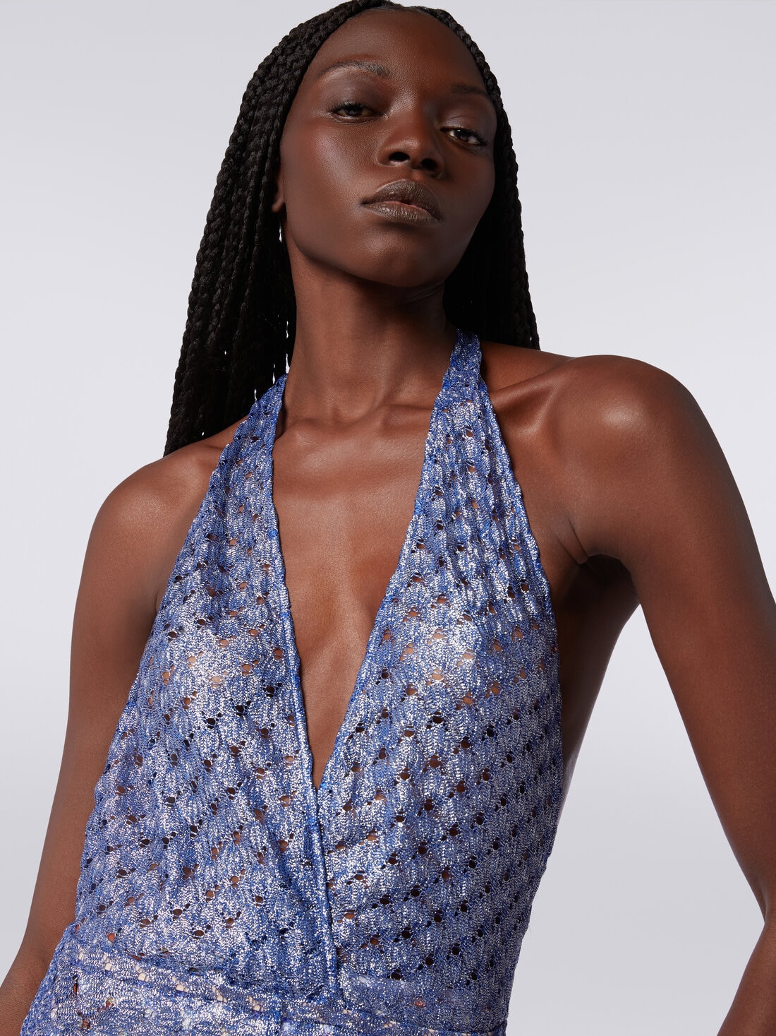 Lace-effect jumpsuit with V neckline , Blue - MS24SG07BR00TC94045 - 4