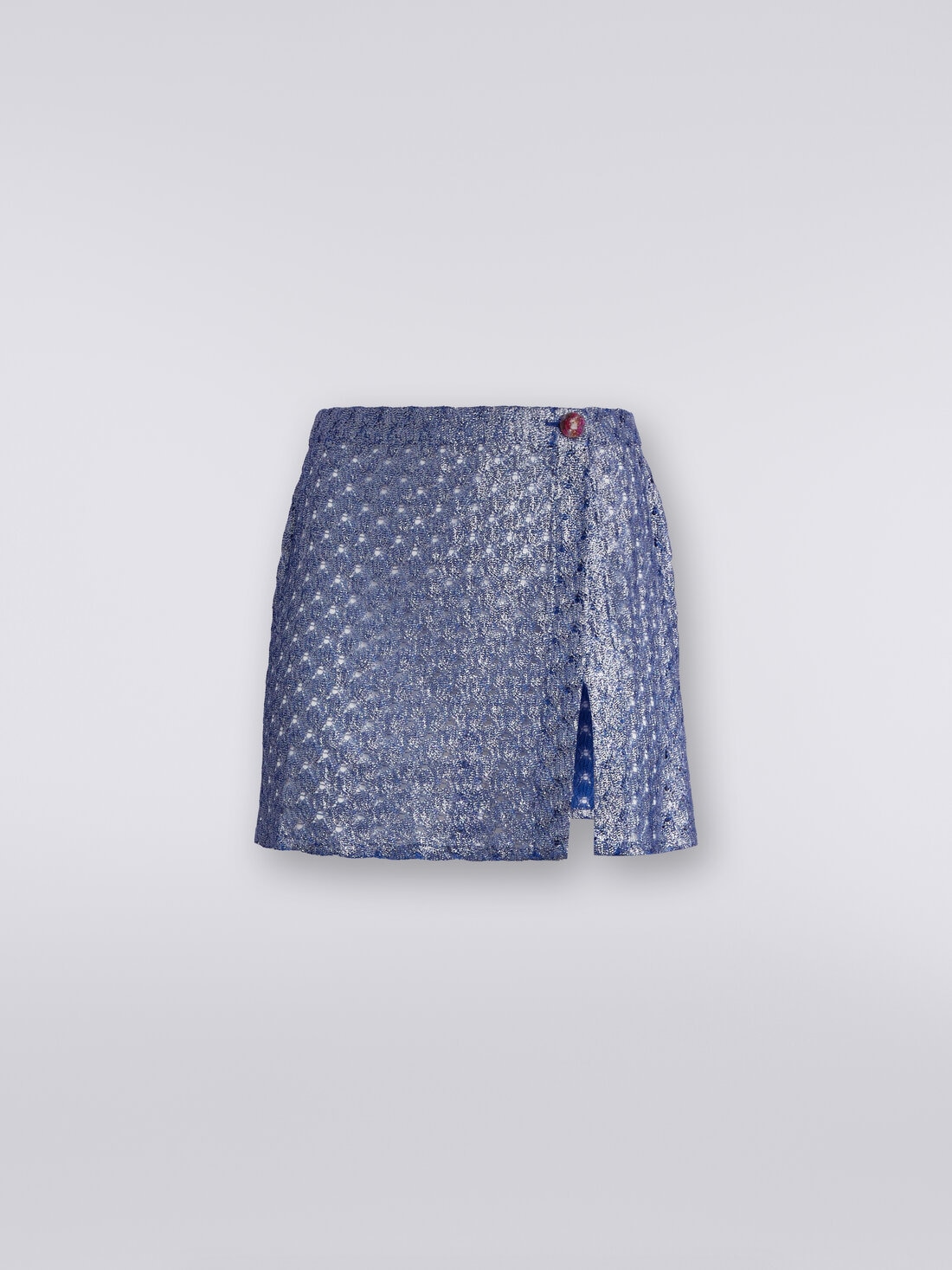 Lace-effect wrap-around miniskirt with glossy finish, Blue - MS24SH04BR00TC94045 - 0