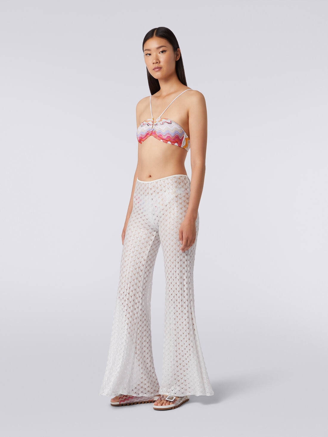 Lace-effect cover up trousers with flared hem, White  - MS24SI00BR00TC14001 - 2
