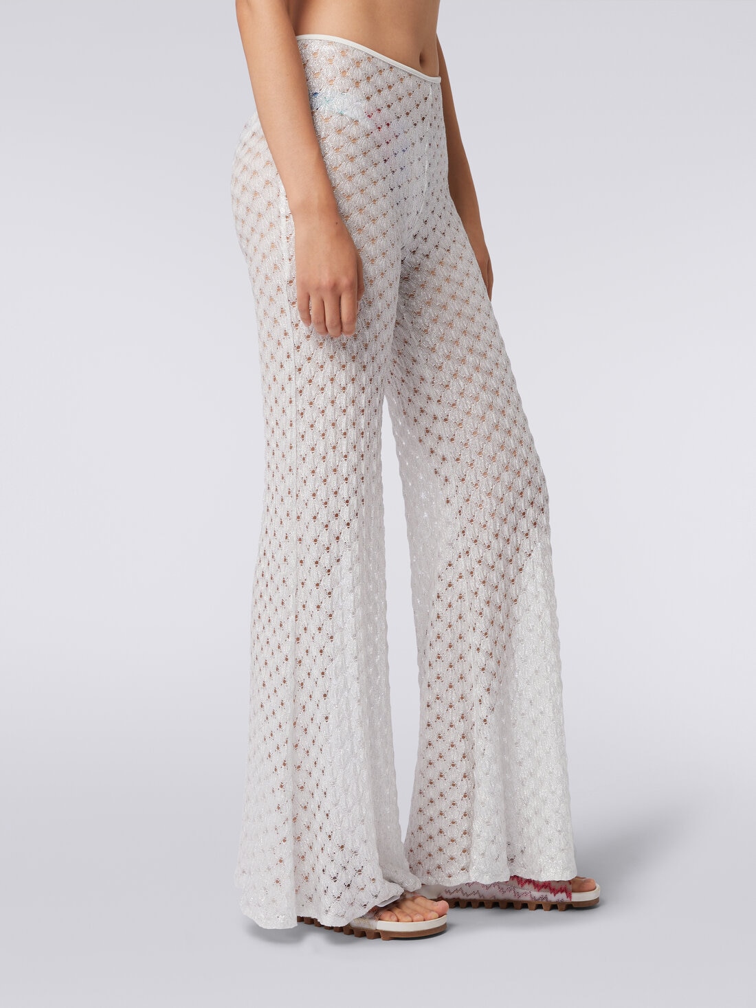 Lace-effect cover up trousers with flared hem, White  - MS24SI00BR00TC14001 - 4