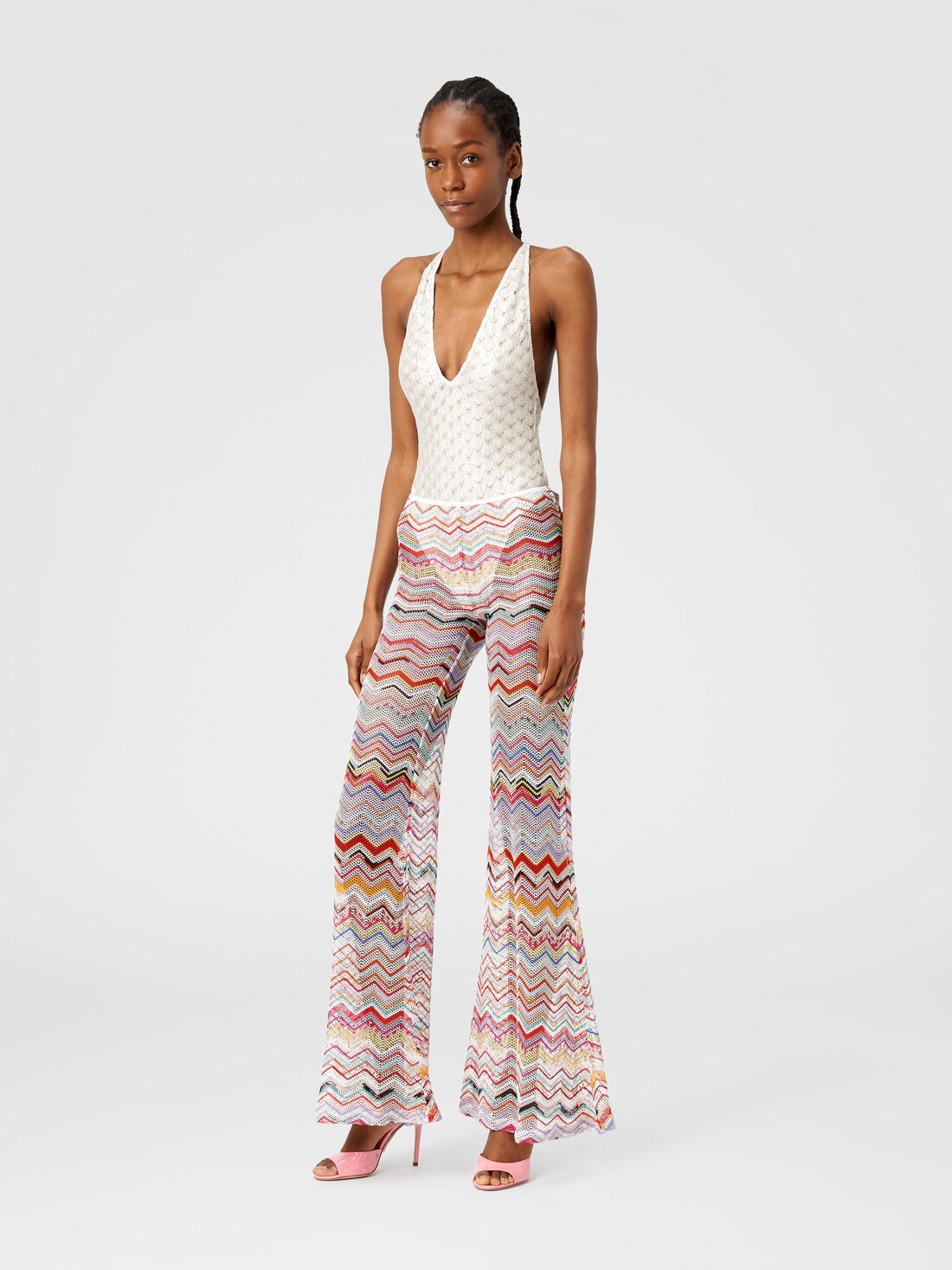 Flared trousers in zigzag crochet with lurex, Multicoloured  - MS24SI00BR00TISM99I - 1