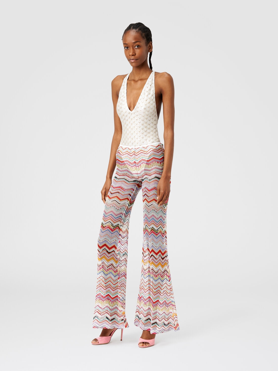 Pantalon évasé en crochet à zig zag avec lurex, Multicolore  - MS24SI00BR00TISM99I - 1