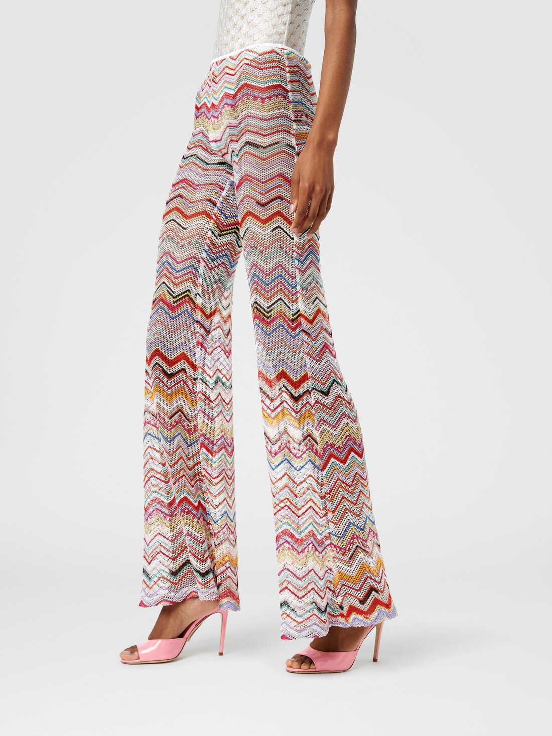 Flared trousers in zigzag crochet with lurex, Multicoloured  - MS24SI00BR00TISM99I - 3