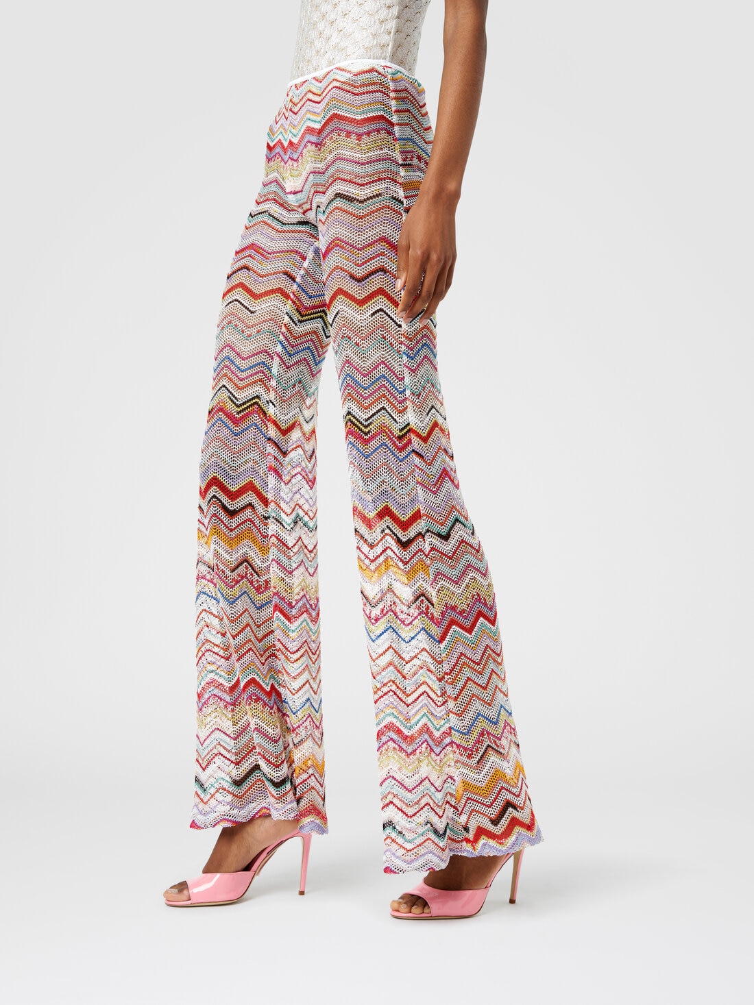 Pantalon évasé en crochet à zig zag avec lurex, Multicolore  - MS24SI00BR00TISM99I - 3