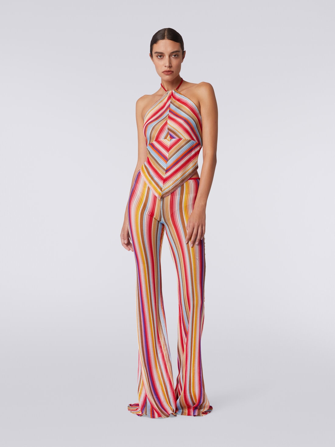 Flared trousers in striped crochet, Multicoloured  - MS24SI00BR00UWS4158 - 1
