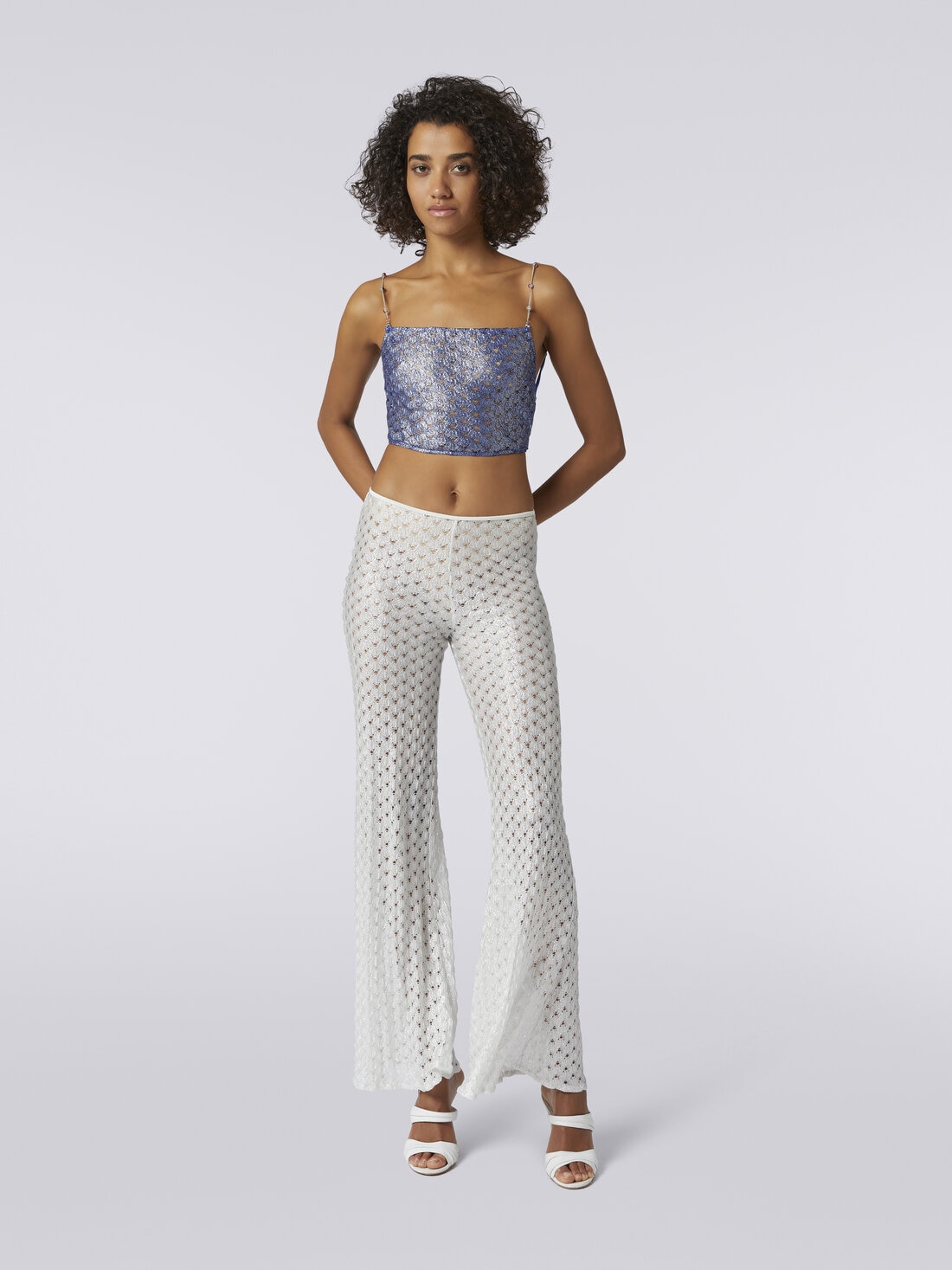 Lace-effect crop top with chain and gem straps, Blue - MS24SK07BR00TC94045 - 1