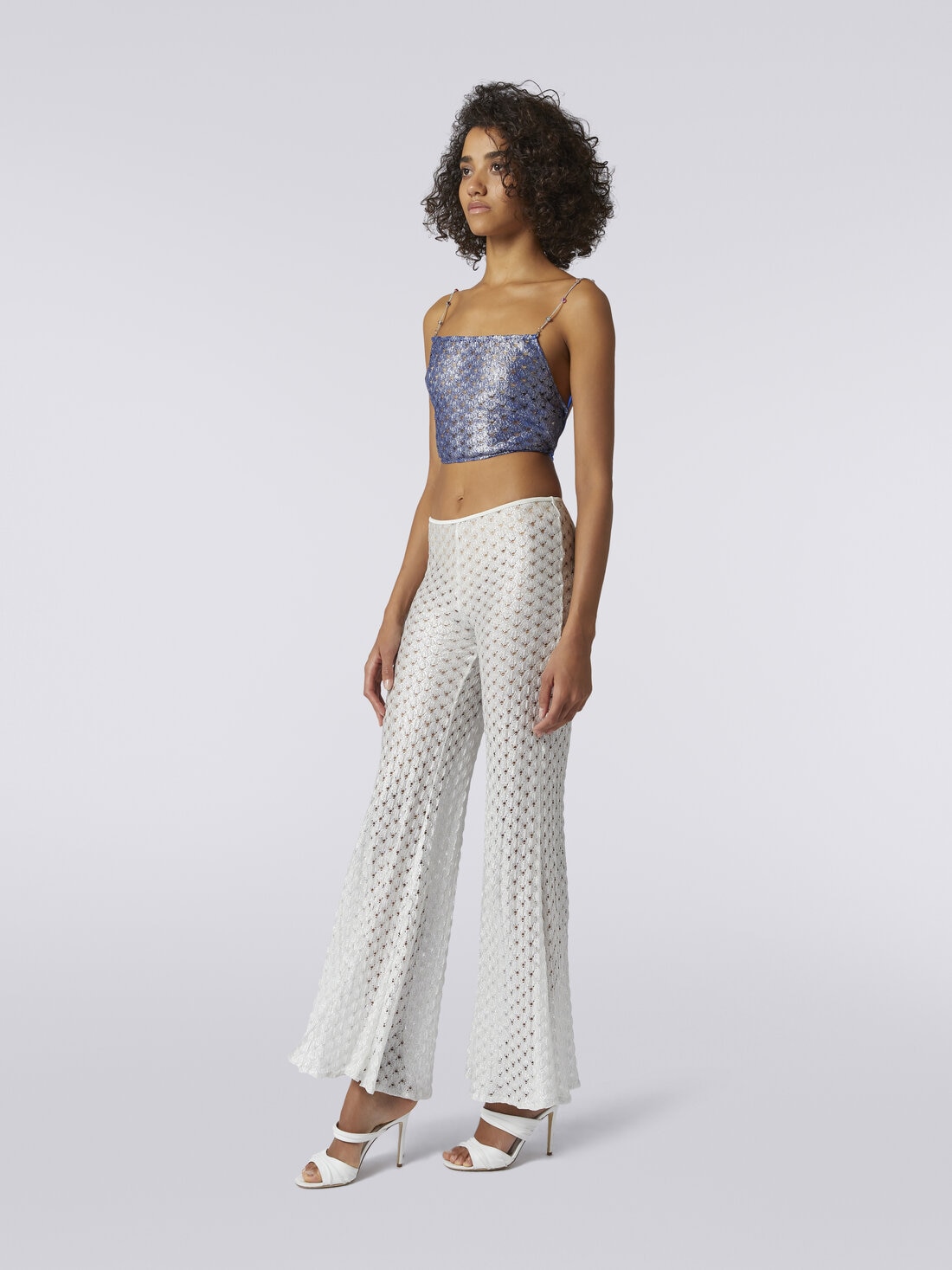 Lace-effect crop top with chain and gem straps, Blue - MS24SK07BR00TC94045 - 2
