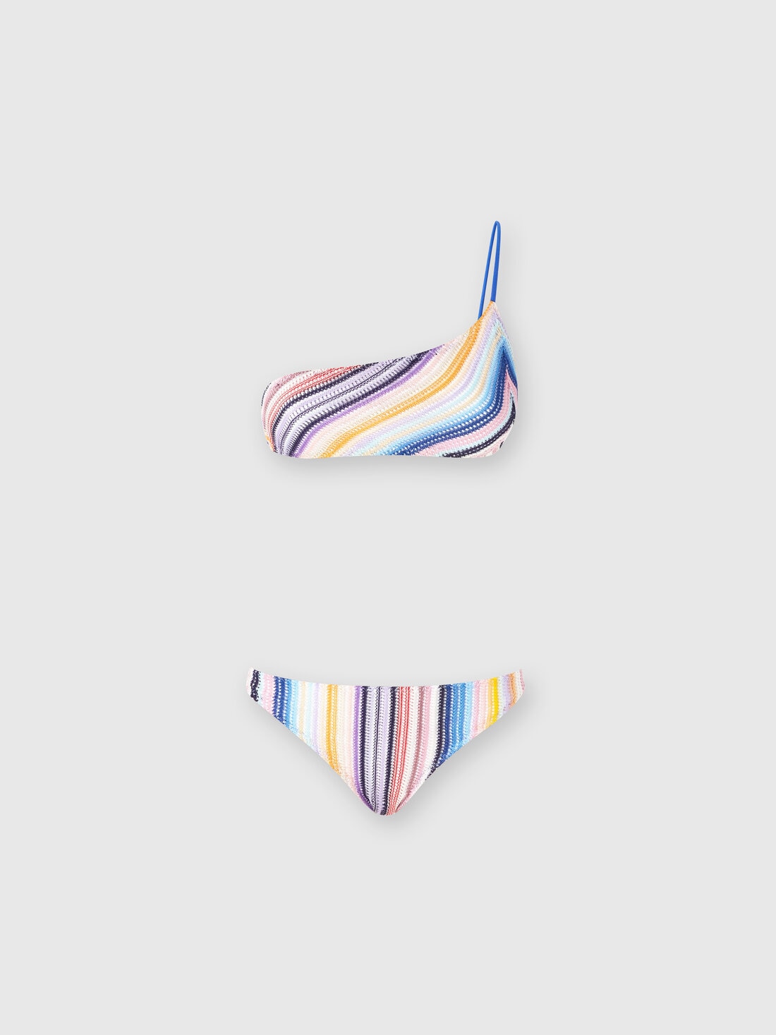 Striped one-shoulder crochet bikini, Multicoloured  - MS24SP05BR00UWS72EC - 0