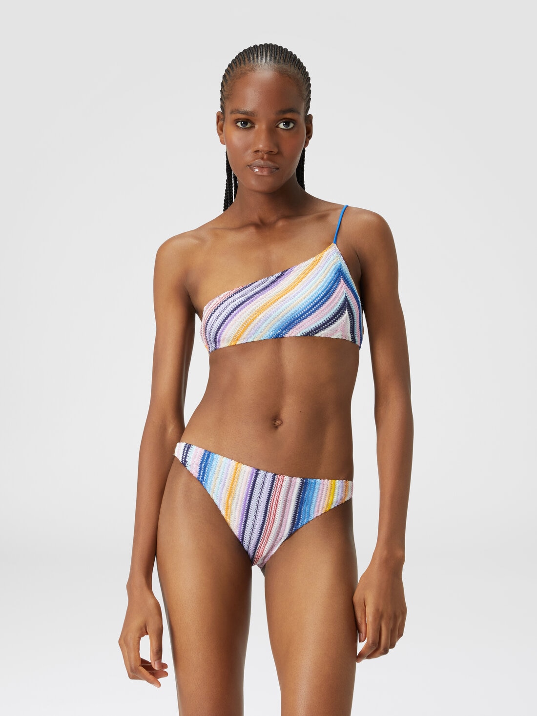 Striped one-shoulder crochet bikini, Multicoloured  - MS24SP05BR00UWS72EC - 1