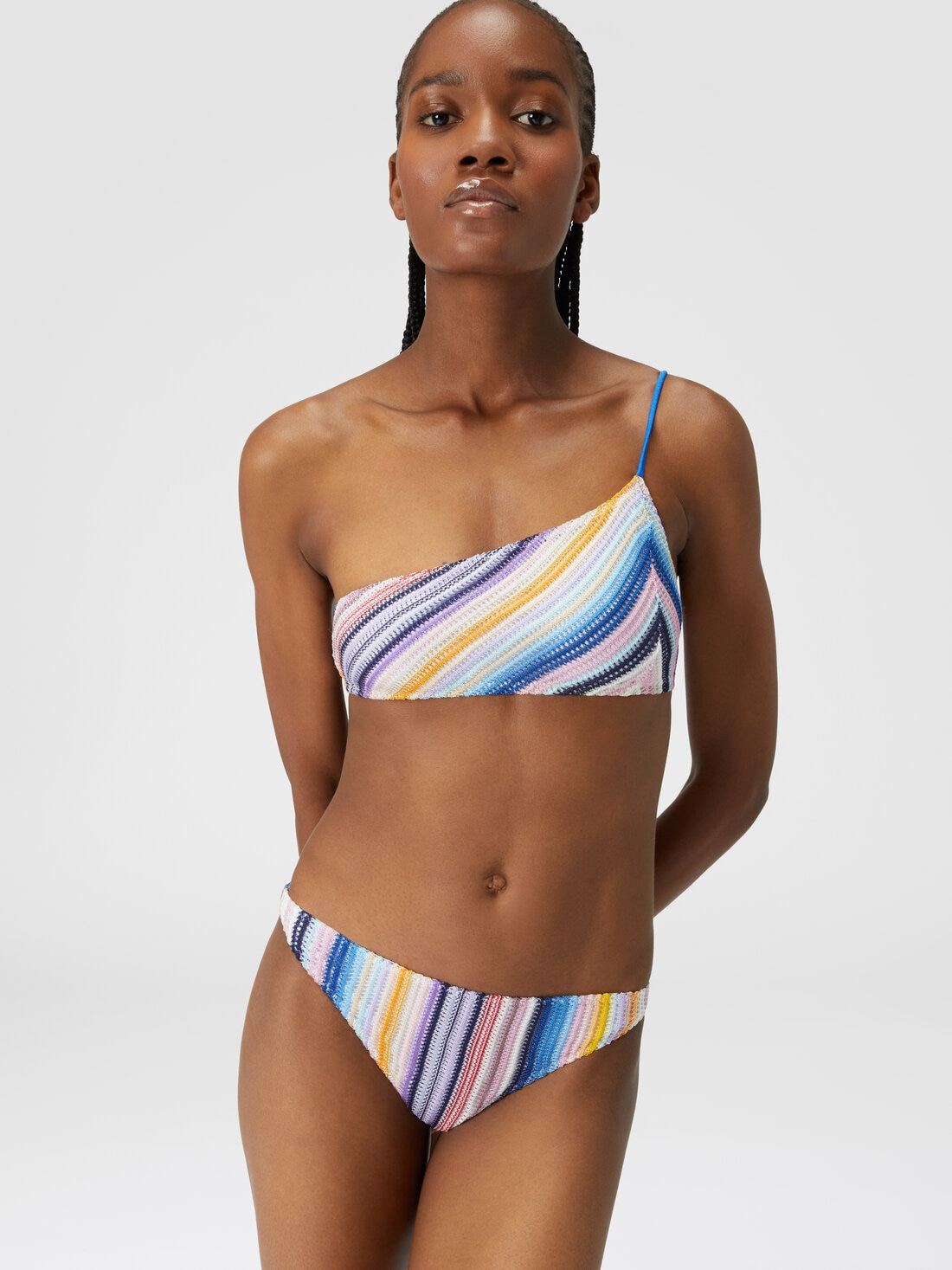 Striped one-shoulder crochet bikini, Multicoloured  - MS24SP05BR00UWS72EC - 3