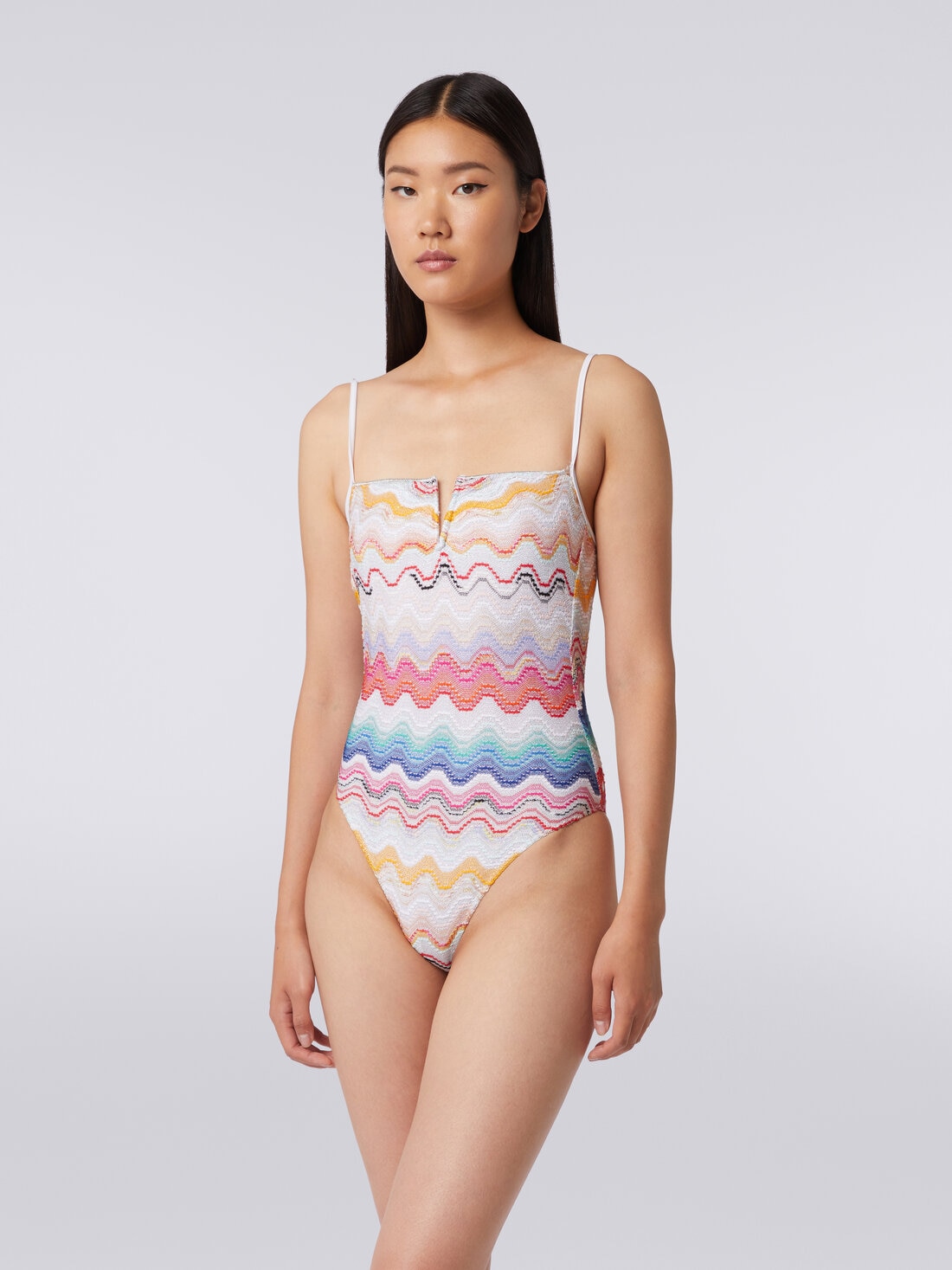 Wave motif one-piece swimming costume with underwire, Multicoloured  - MS24SP07BR00TGSM99H - 1