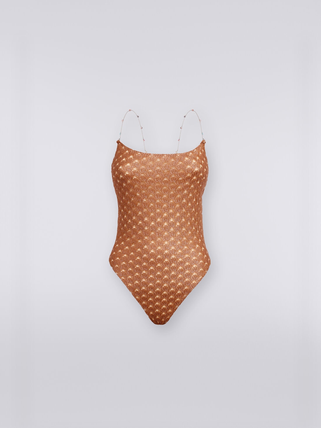 Lace-effect one-piece swimming costume with chain and gem straps, Brown Lamé - MS24SP0ABR00TC71052 - 0