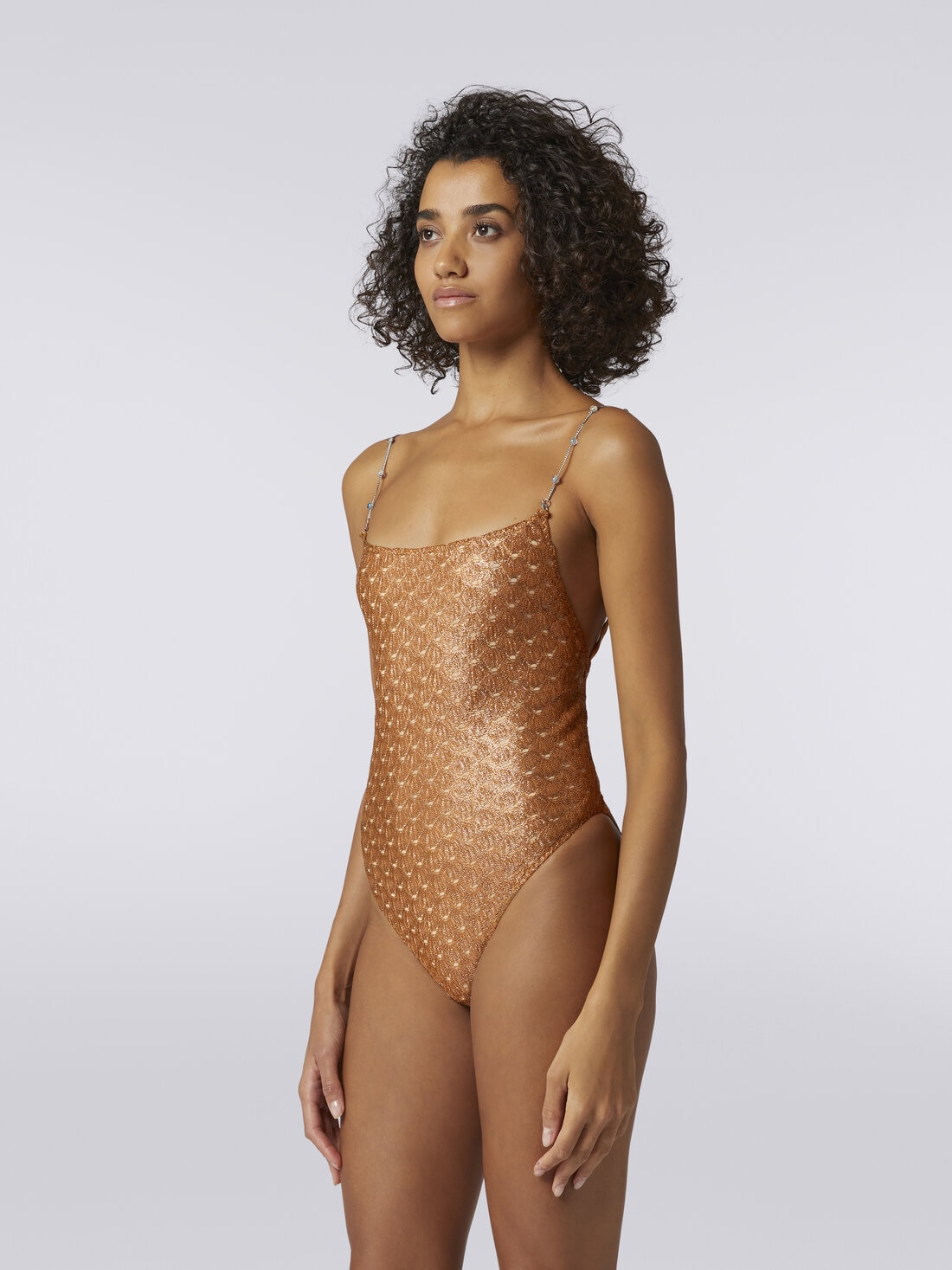 Lace-effect one-piece swimming costume with chain and gem straps, Brown Lamé - MS24SP0ABR00TC71052 - 2