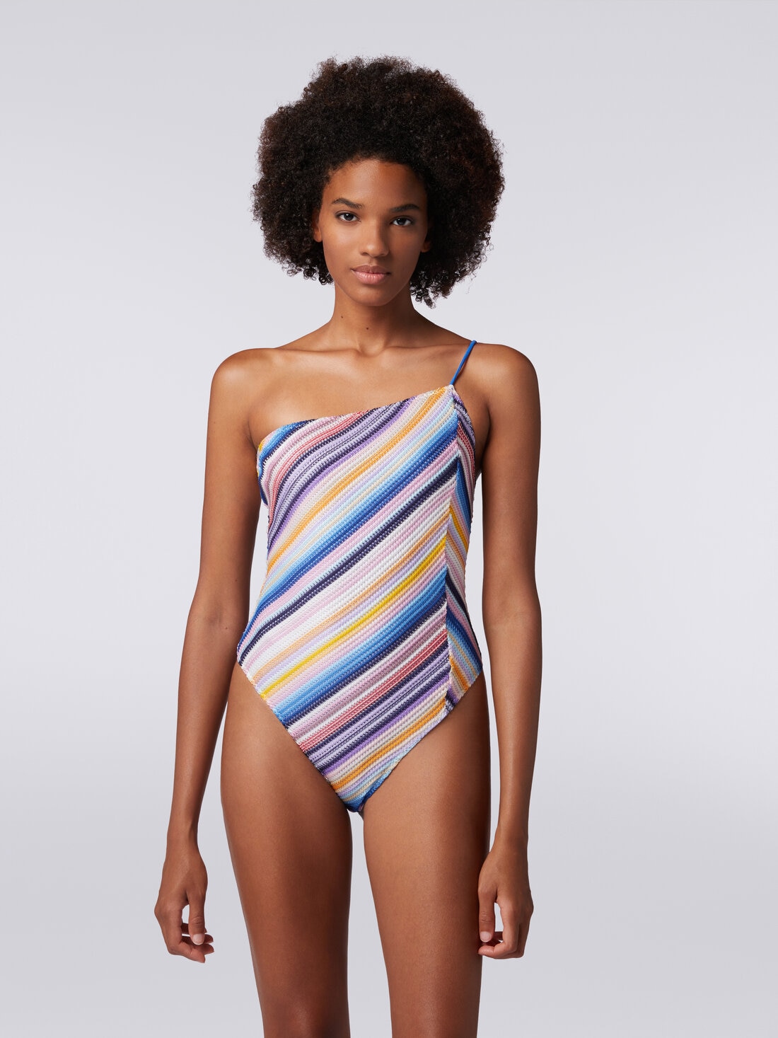 One-shoulder one-piece swimming costume in striped crochet, Multicoloured  - MS24SP0DBR00UWS72EC - 1