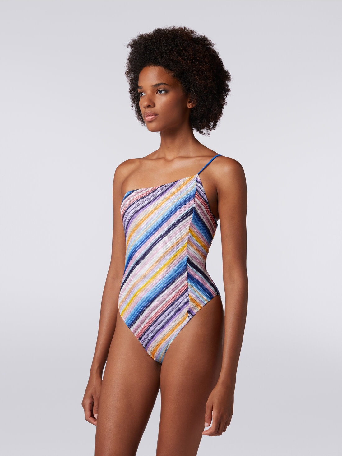 One-shoulder one-piece swimming costume in striped crochet, Multicoloured  - MS24SP0DBR00UWS72EC - 2